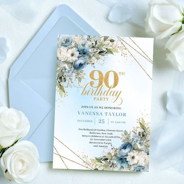 Invitación de cumpleaños 90 Chic Dusty Blue White  (Chic Dusty Blue White Flowers 90th Birthday Invite

)