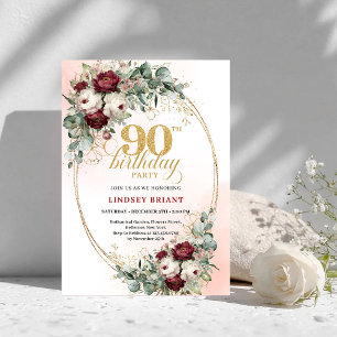 Invitación de cumpleaños 90 Chic Peonías Marrones