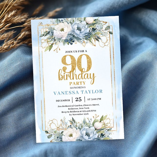 Invitación de cumpleaños 90 con acento dorado y eu (Blue Eucalyptus Gold Accent 90th Birthday Invite)