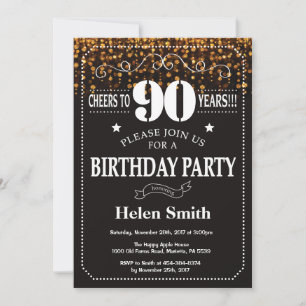 Invitación de cumpleaños 90 con brillo dorado