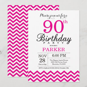 Invitación de cumpleaños 90 con Chevron Rosa Calie