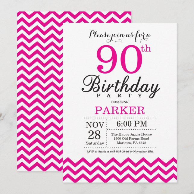 Invitación de cumpleaños 90 con Chevron Rosa Calie (Anverso / Reverso)