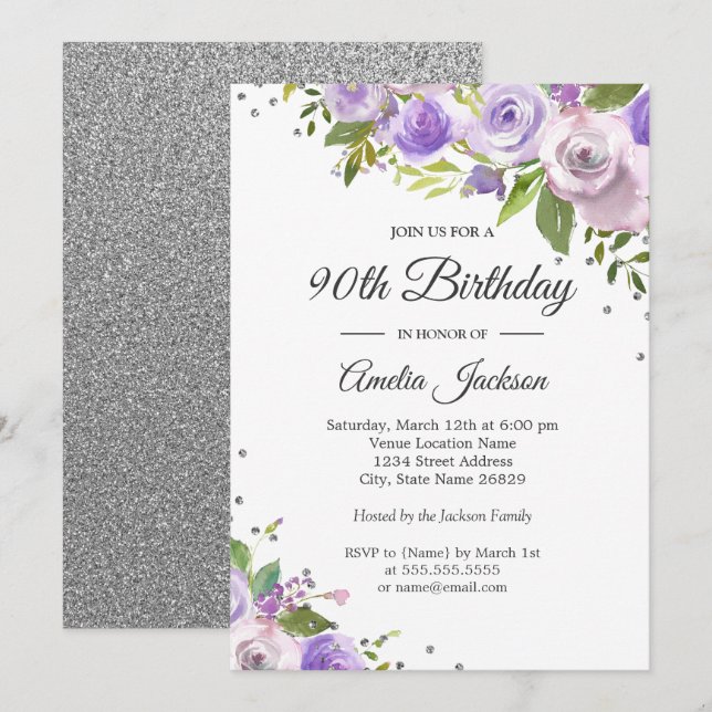 Invitación de cumpleaños 90 con destello plateado  (Anverso / Reverso)