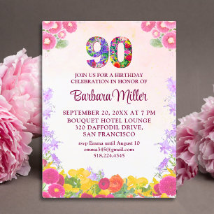 Invitación de cumpleaños 90 con flores, 90 años el