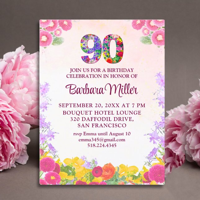 Invitación de cumpleaños 90 con flores, 90 años el (Subido por el creador)