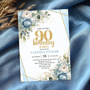 Invitación de cumpleaños 90 con flores azules y bo
