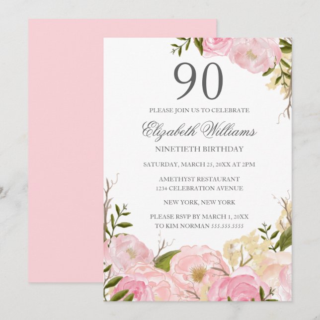 Invitación de cumpleaños 90 con flores de acuarela (Anverso / Reverso)
