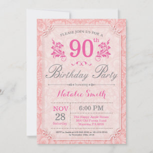 Invitación de cumpleaños 90 con flores rosada para
