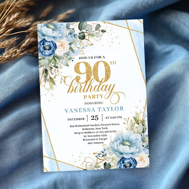 Invitación de cumpleaños 90 con hermosos florales  (Lovely pale blue gold florals 90th birthday celebration)