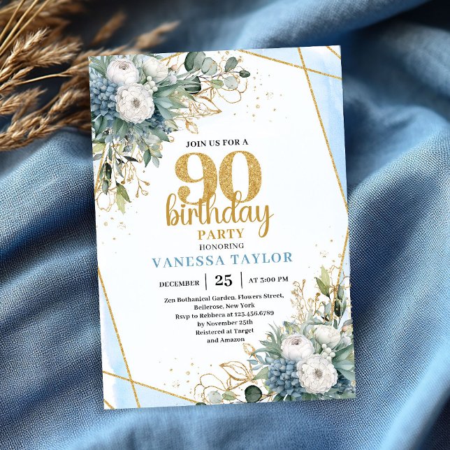 Invitación de cumpleaños 90 con marco dorado botán (Blue Botanical Gold Frame 90th Birthday Invite)