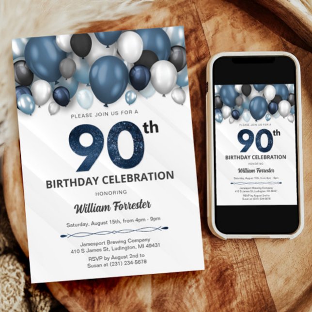 Invitación de cumpleaños 90 de Blue Silver Black & (Blue Silver Black & White 90th Birthday Invitation)