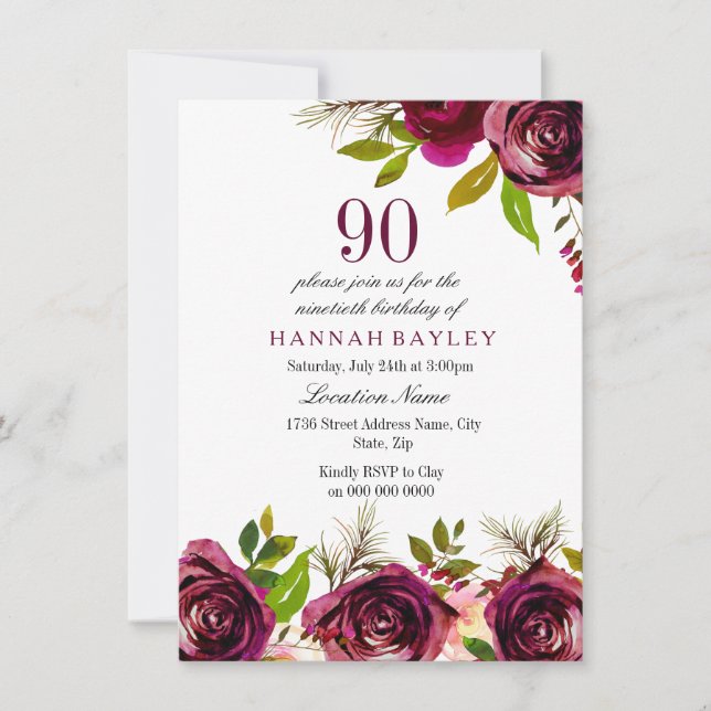 Invitación de cumpleaños 90 de Burgundy Marsala Fl (Anverso)