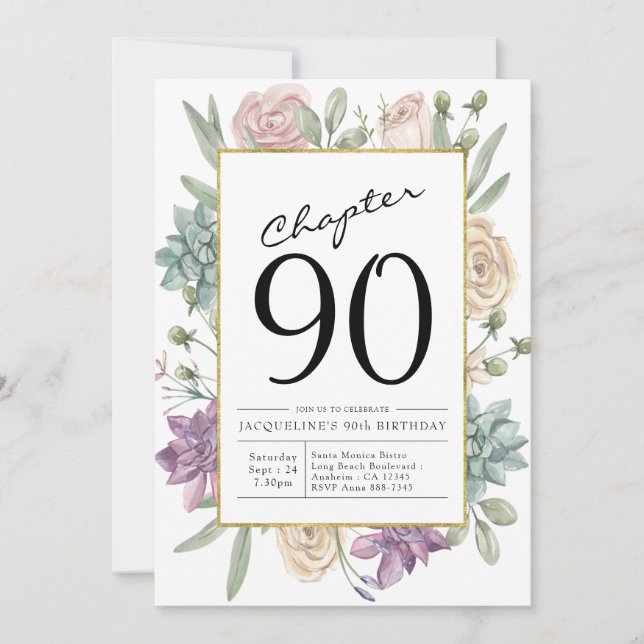 Invitación de cumpleaños 90 de Floral (Anverso)