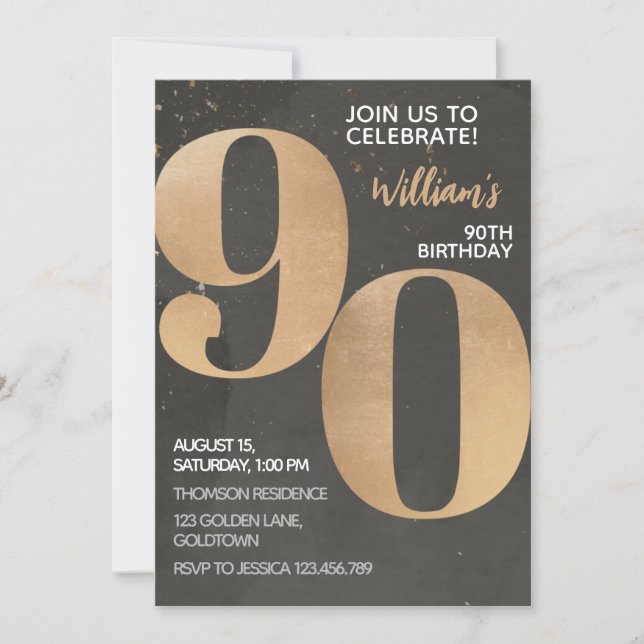 Invitación de cumpleaños 90 de Gold Black (Anverso)