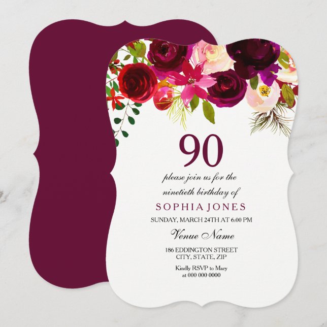 Invitación de cumpleaños 90 de la floral roja borg (Anverso / Reverso)