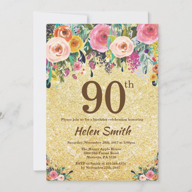 Invitación de cumpleaños 90 de la Purpurina de oro (Anverso)