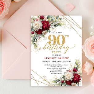 Invitación de cumpleaños 90 de lujo con flores roj