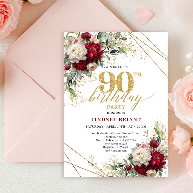 Invitación de cumpleaños 90 de lujo con flores roj (Luxury Deep Red Floral Gold 90th Birthday Invitation)