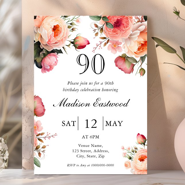 Invitación de cumpleaños 90 de Peach Floral (Subido por el creador)