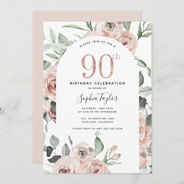 Invitación de cumpleaños 90 de Rosa Gold Pink (Anverso / Reverso)