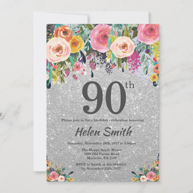 Invitación de cumpleaños 90 de Silver Purpurina Fl (Anverso)