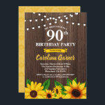 Invitación de cumpleaños 90 del girasol . Cualquie<br><div class="desc">CUALQUIER EDAD.Todo el texto es editable.
Consigue esta elegante y glamorosa invitación para la fiesta de cumpleaños a cualquier edad.
Diseñado con madera rústica,  girasoles y luz de cuerda.</div>