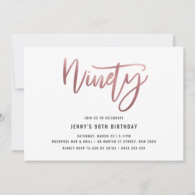 Invitación de cumpleaños 90 del Rosa minimalista R (Anverso)