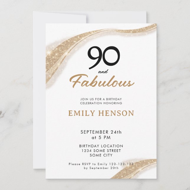 Invitación de cumpleaños 90 dorada y fabulosa 90 (Anverso)