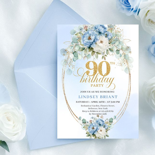 Invitación de cumpleaños 90 elegante Boho azul flo (Elegant Boho Blue Floral 90th Birthday Invitation)