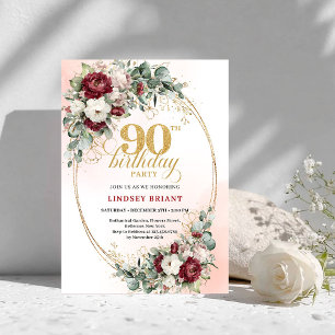 Invitación de cumpleaños 90 elegante burgundy peon