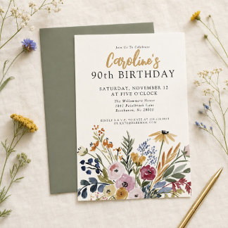 Invitación de cumpleaños 90 elegante con flores de