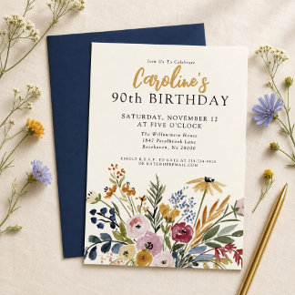 Invitación de cumpleaños 90 elegante con flores de