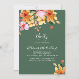 Invitación de cumpleaños 90 elegante con flores pi