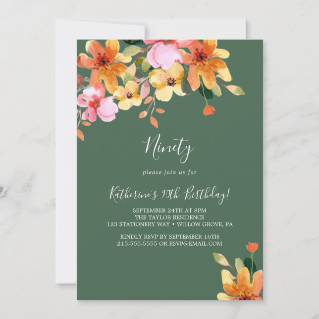 Invitación de cumpleaños 90 elegante con flores pi (Anverso)