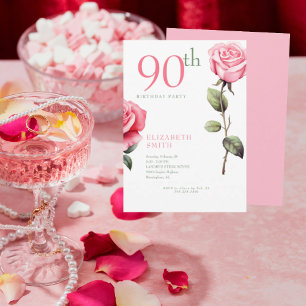 Invitación de cumpleaños 90 elegante con rosa rosa