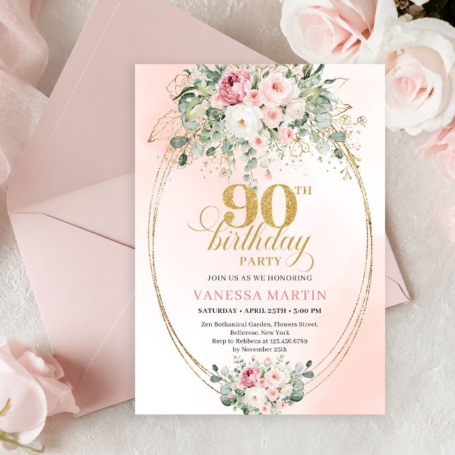 Invitación de cumpleaños 90 elegante con rosas ros (Elegant Blush Roses Gold Boho 90th Birthday Invitation)