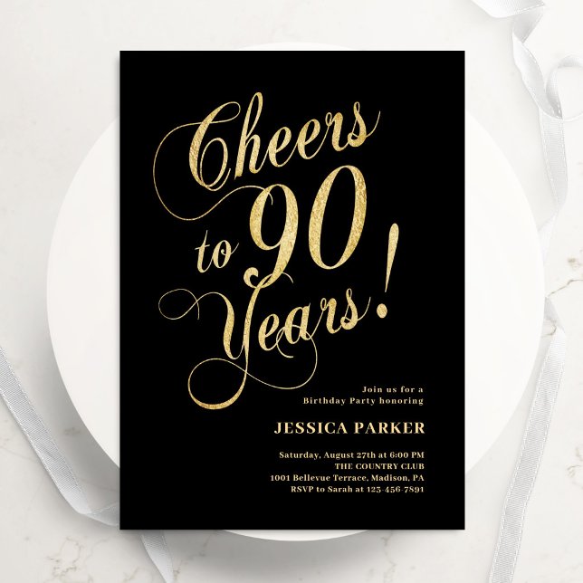 Invitación de cumpleaños 90 elegante de oro y negr (Subido por el creador)