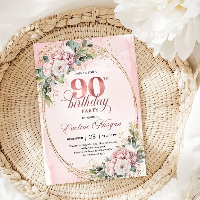 Invitación de cumpleaños 90 elegante Rosa Dorada R (Romantic Rose Gold Greenery 90th Birthday Invitation)
