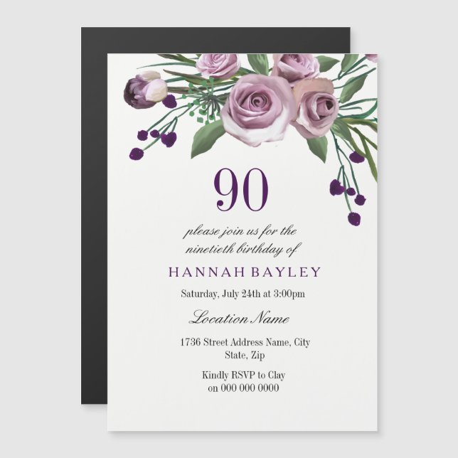 Invitación de cumpleaños 90: elegante Rosa púrpura (Anverso/Reverso)