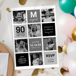 Invitación de cumpleaños 90 en foto gris negro