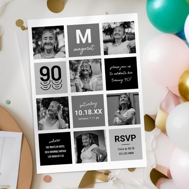 Invitación de cumpleaños 90 en foto gris negro (Subido por el creador)