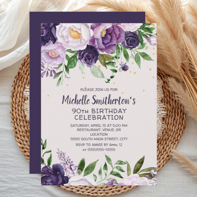Invitación de cumpleaños 90 en purpura flor con br (Purple watercolor floral women's 90th birthday party invitation)