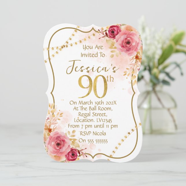 Invitación de cumpleaños 90 floral (Anverso de pie)