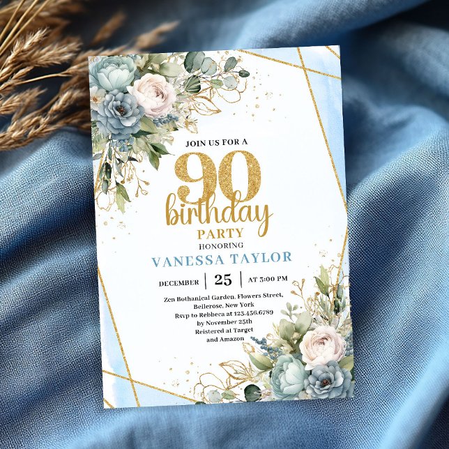 Invitación de cumpleaños 90 Flores Azules Brillo D (Blue Flowers Gold Glitter 90th Birthday Invitation)