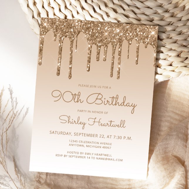 Invitación de cumpleaños 90 Glitter Drips Gold (Subido por el creador)