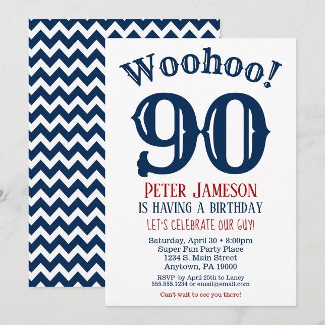 Invitación de cumpleaños 90 hombres marina azul (Anverso / Reverso)