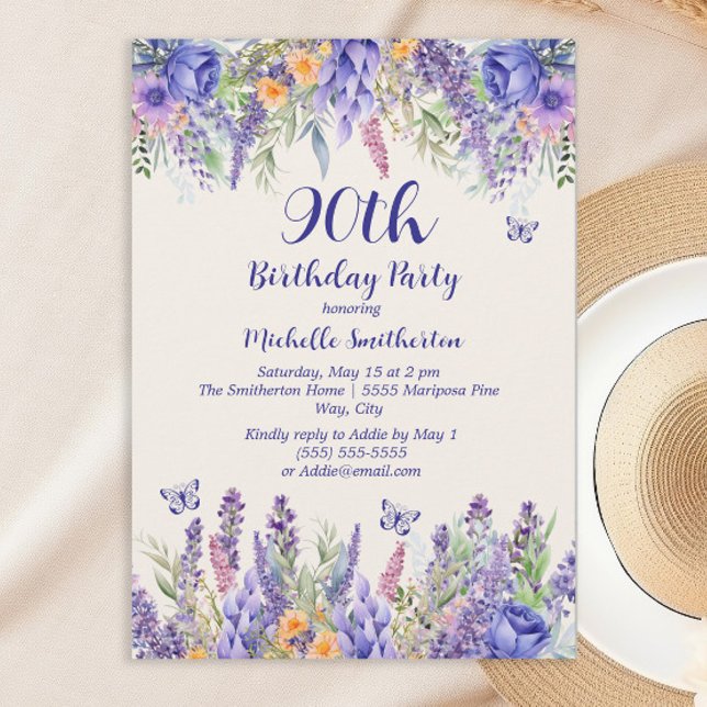 Invitación de Cumpleaños 90 Jardín Floral Lila Púr (Celebrating 90 years)