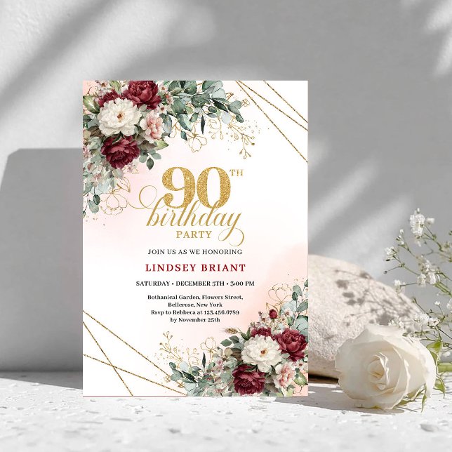 Invitación de cumpleaños 90 Luxury Deep Red Floral (Luxury Deep Red Floral Gold 90th Birthday Invitation)