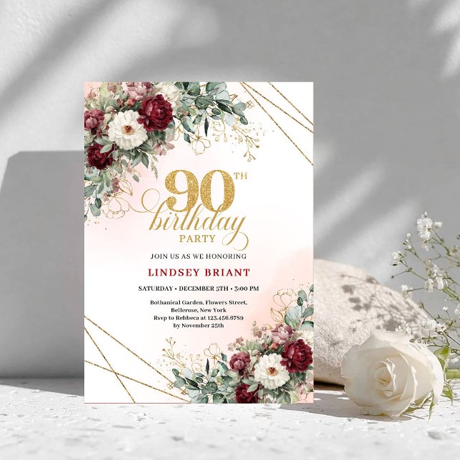 Invitación de cumpleaños 90 Luxury Deep Red Floral (Luxury Deep Red Floral Gold 90th Birthday Invitation)