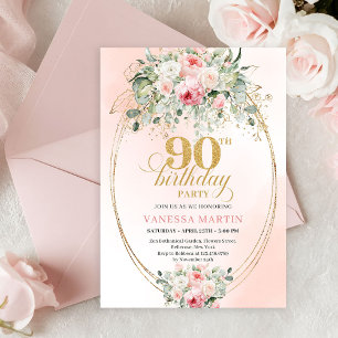 Invitación de cumpleaños 90 Minimal Blush Rose Gol